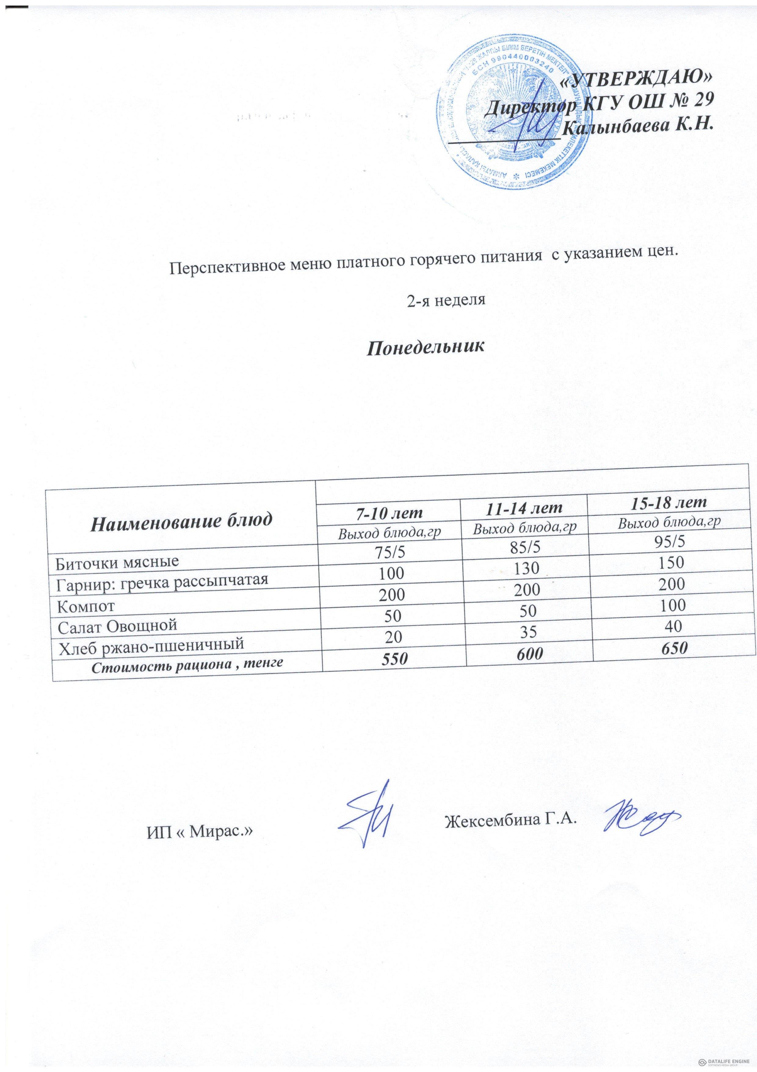 Перспективное меню платного горячего питания с указанием цен