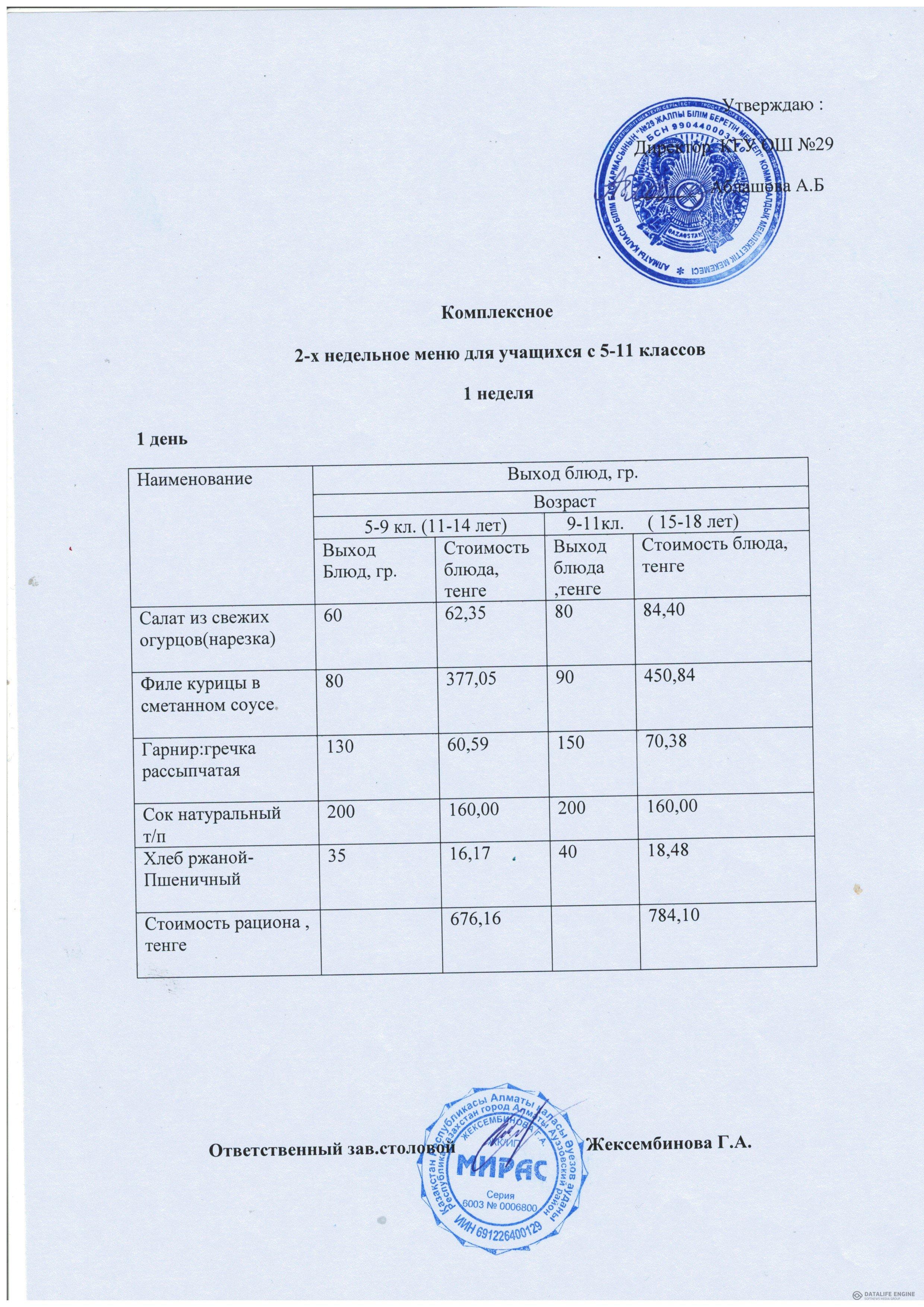 Меню по питанию 5-11 сыныптар/ Комплексный меню 5-11 класс