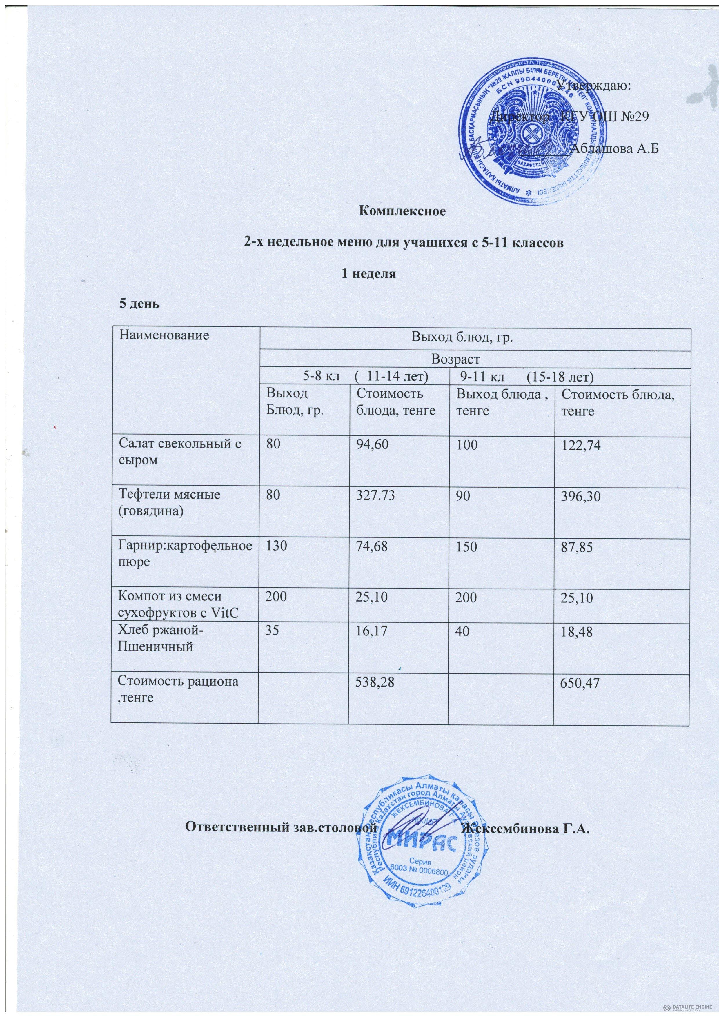 Ас мәзірі 5-11 сыныптар/ Комплексный меню 5-11 классов