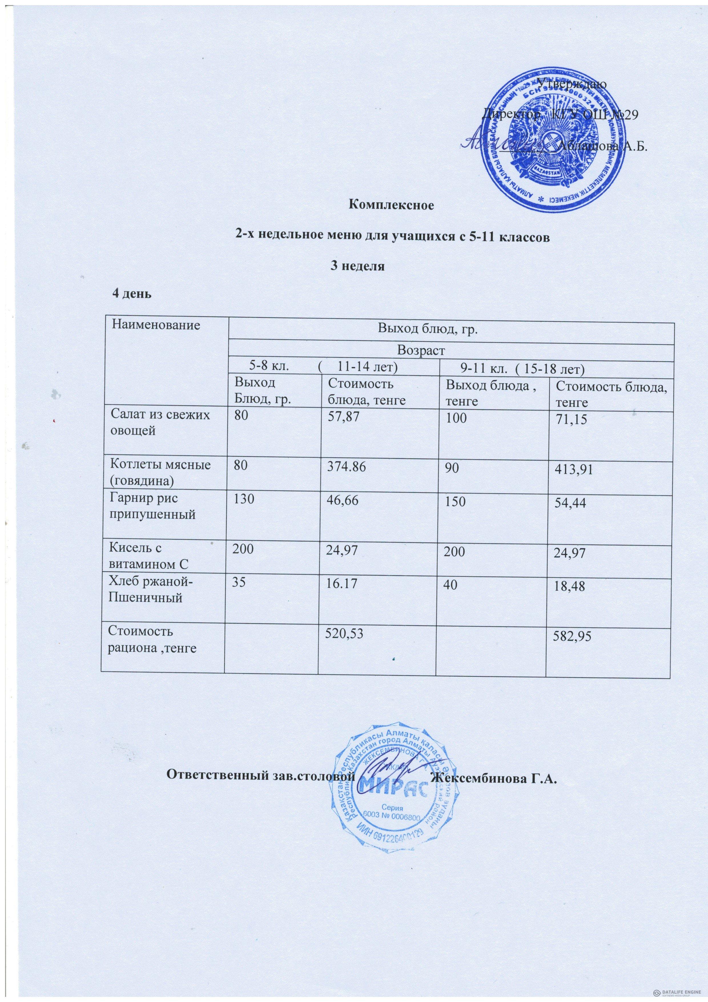 Меню по питанию 5-11 сыныптар/Комплексный меню 5-11 классов