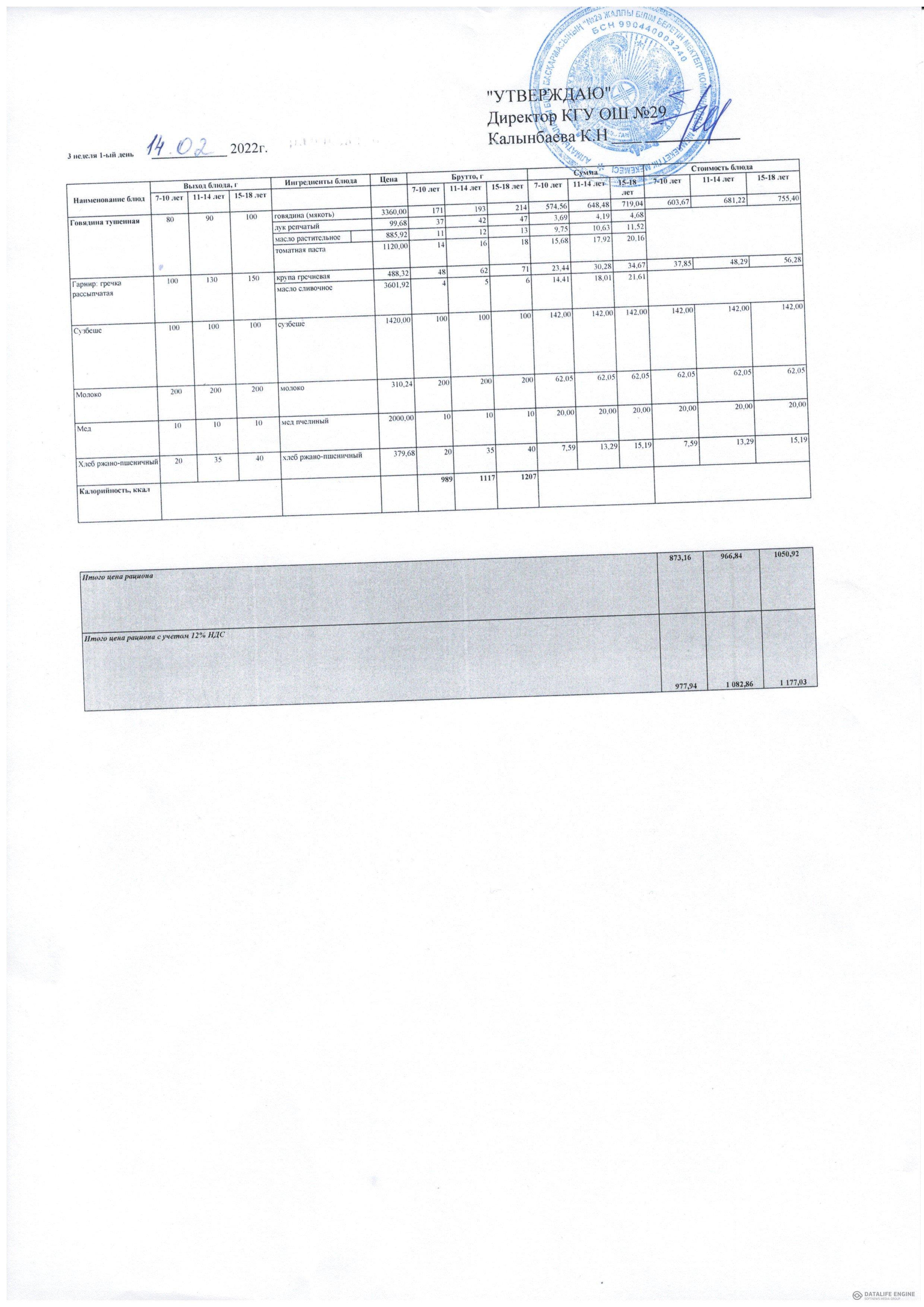 2022 жылғы қыс-көктем мәзірі жалпыға бірдей білім беру қоры есебінен тамақтанатын оқушылар. 3 апта 02.22 жыл / Меню зима-весна 2022 года учащихся питающихся за счет фонда Всеобуч. 3 неделя 02.22 года
