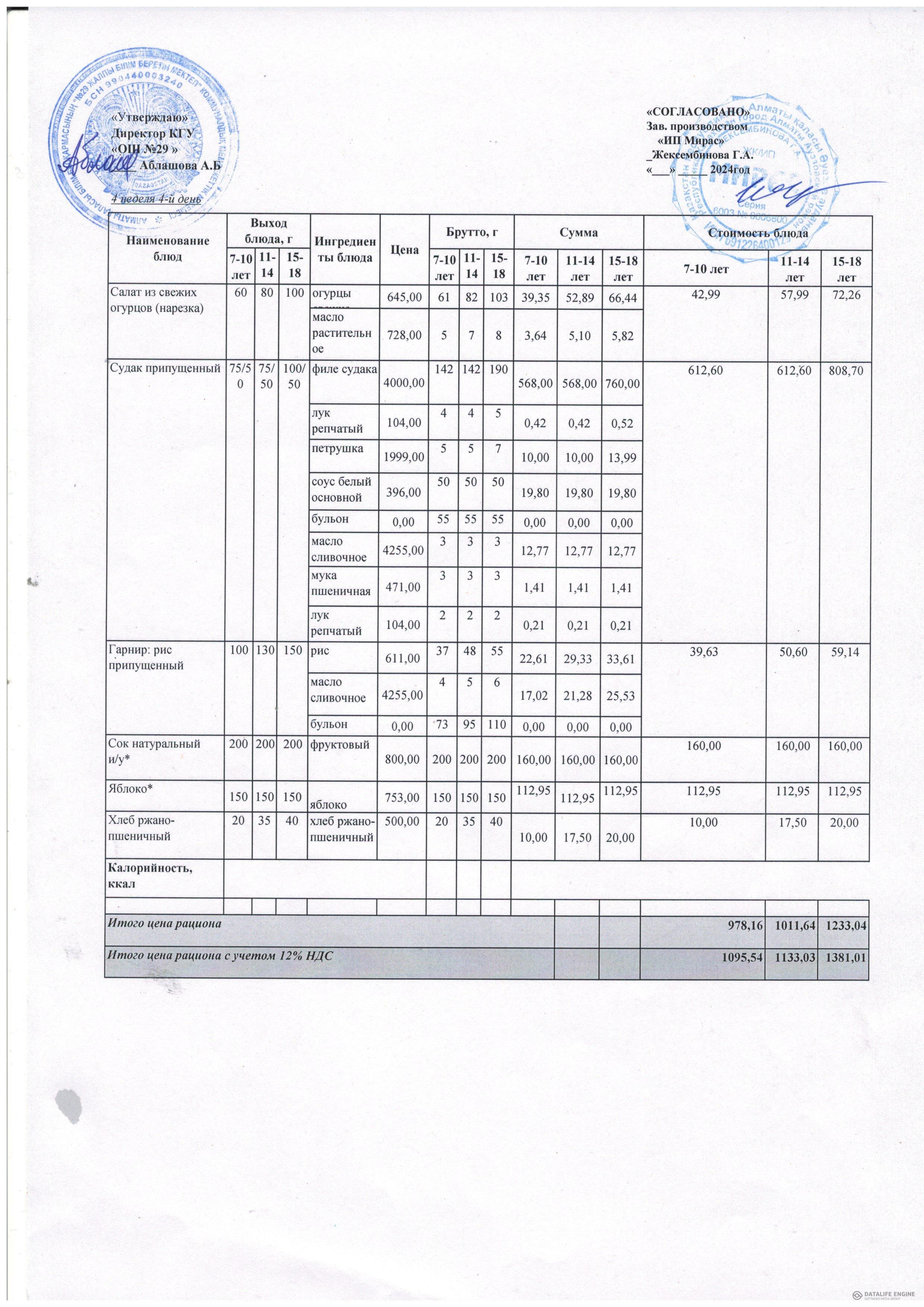 Ас мәзірі  1-4 сыныптар/ Меню 1-4 классы