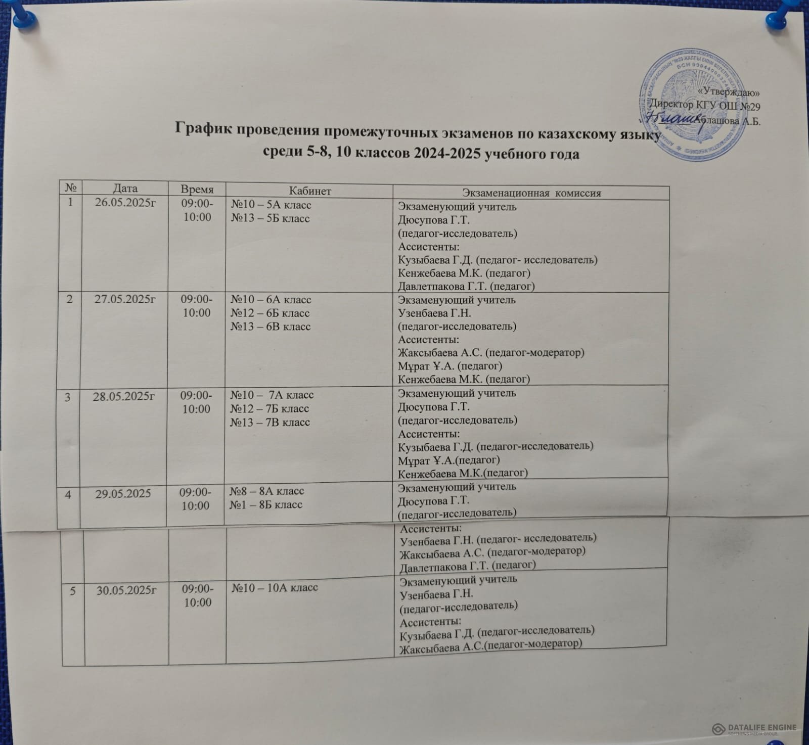 График проведения промежуточных экзаменов по казахскому языку, а также консультаций промежуточных экзаменов среди учащихся 5-8, 10 классов